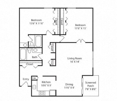 Floor plan for 2 beds, 2 baths, 1215 sqft